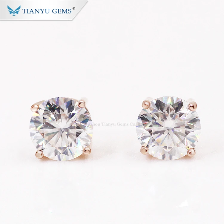 

tianyu jewelry customized 14K/18K rose gold 2 carat colorless VVS moissanite diamond stud earrings