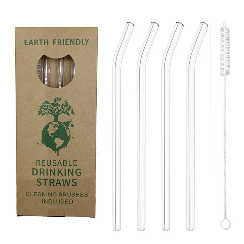 

8x200mm Set of 4 Bent Glass Reusable Straws Set with Cleaning Brush, Clear