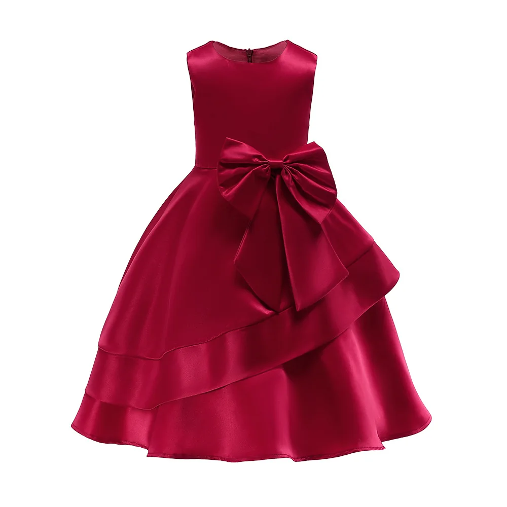 High Quality Wedding Satin Sleeveless Girl Party Dress O-neck Ruffles Girl Dress 2-12 years Deep Red Christmas Party Dress