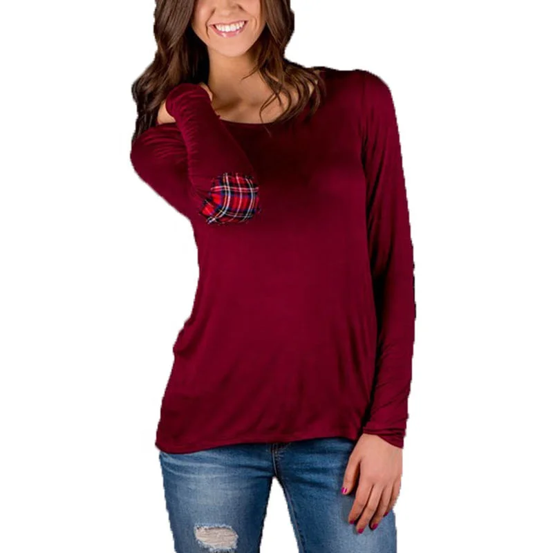 

Fashion Women Long-sleeved Solid Color Irregular Plaid T-shirt