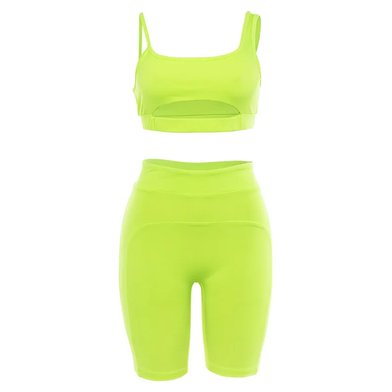 

Sexy Fluorescent Color Yogaings GYMs Sportswear 2 PCs Set Women Cut Out Tanks Tops Vest & High Waist Booty Shorts