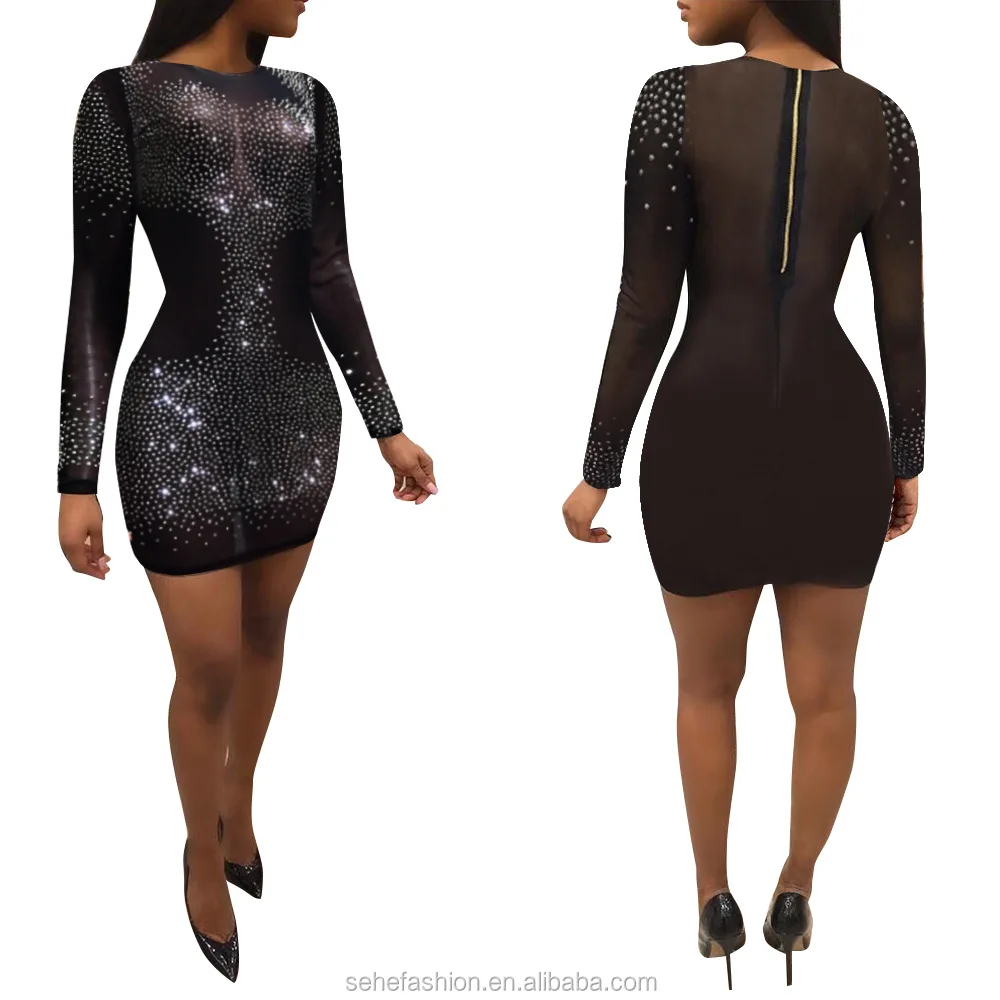 

1219-61 Low prices charm long sleeve grenadine hot fix rhinestone mini dress for women, N/a