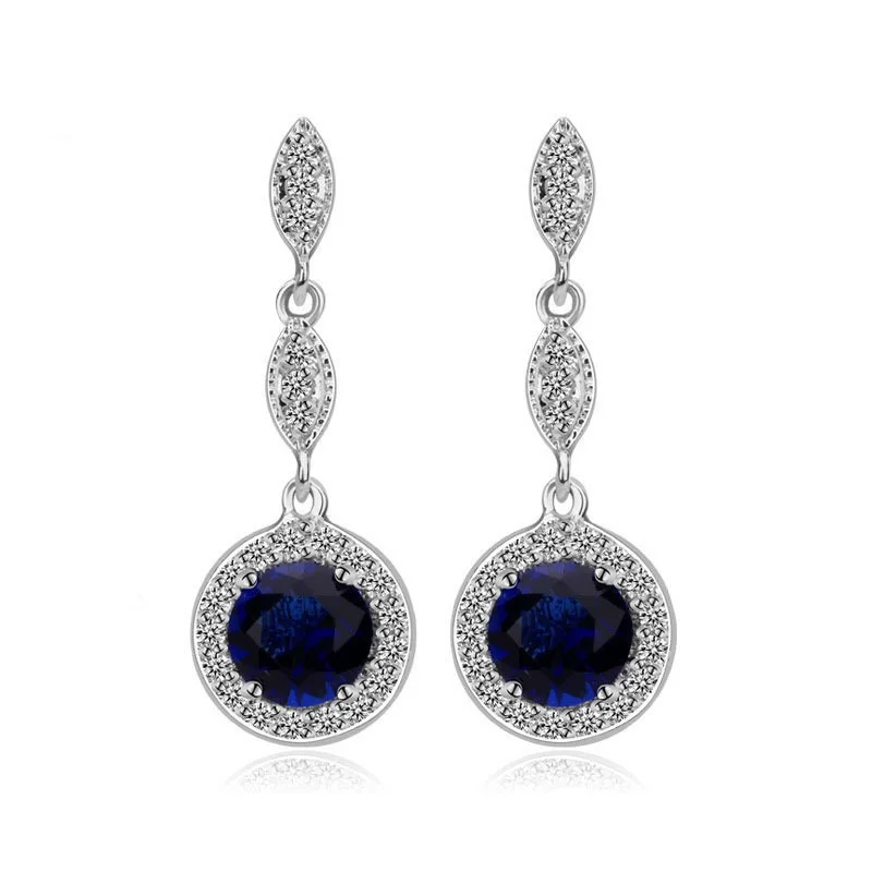 

LUOTEEMI Wholesale 2015 Women Sparkling Cubic Zircon Surround Wedding Bridal Jewelry Blue Round Drop Earrings