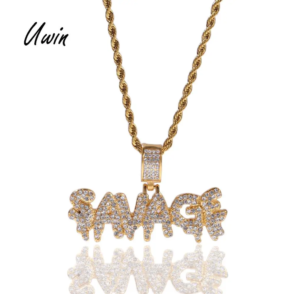 

Hiphop Rapper Jewelry Charms Iced Out SAVAGE Water Drip Statement Crystal Pendant Stainless Steel Necklace Chain Punk Men, Gold