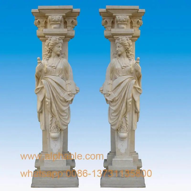 
Popular Roman Pillar Design Yellow Travertine Stone Column With Lady Statue 