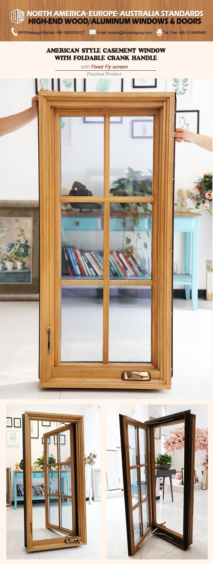 best seller double glazed fully tempered safety glass natural wood frame crank casement window