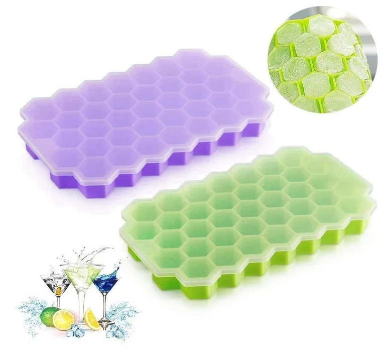 

Best Selling Flexible Durable BPA Free 37 Cavities Honeycomb Shaped Silicone Ice Cube Trays with Lid, Green, yellow,purple,white,blue