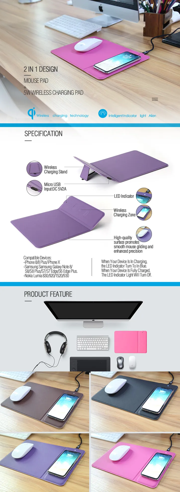 2019 MIQ Foldable stand pu leather 10W fast charger qi universal mouse wireless charging pad for iPhone,for Samsung