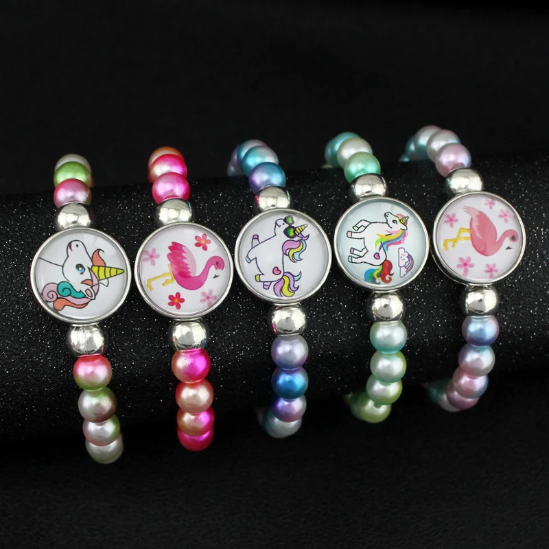 

Promotion Customizable Unicorn Flamingo Snap Button Pearl Beads Beaded Bracelets for Women, Multi-colors/accept custom colors