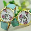 Peony flower pattern dial quartz type geneva leather band watch