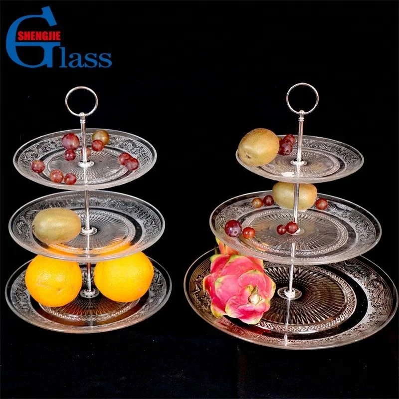

3 Layers Fancy Glass Cake Dish With Pillar, Clear dishes