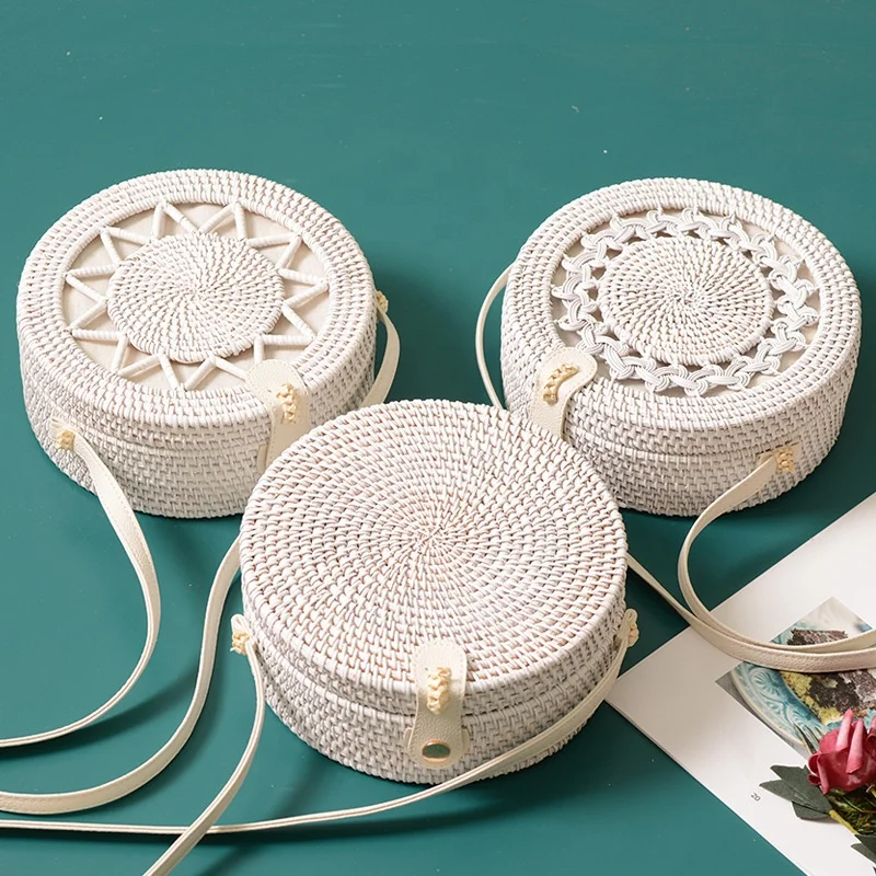 

White Rattan Straw Round Women Beach Crossbody Bag with Long Strap