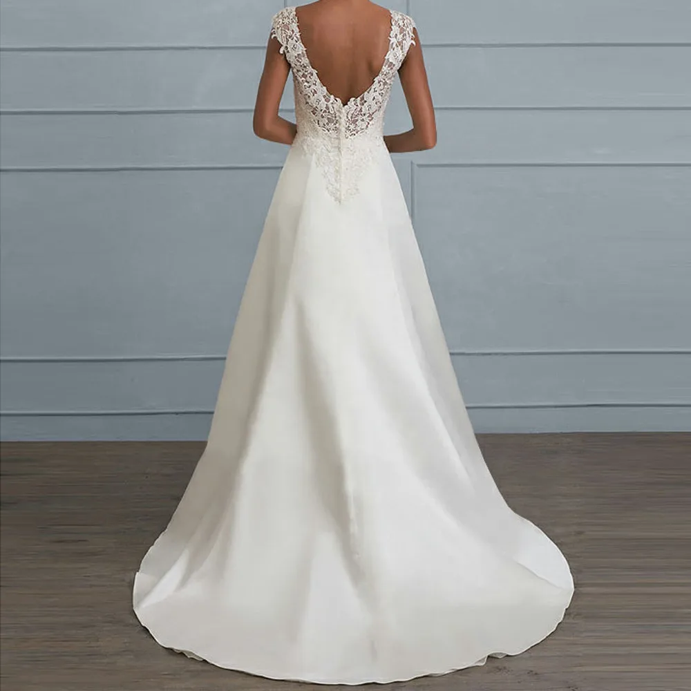 

Bridal Women's Wedding Gown Long Sexy Backless Lace Tulle Applique Straps Double V-Neck Sleeveless Evening Dress Cocktail Gowns, White