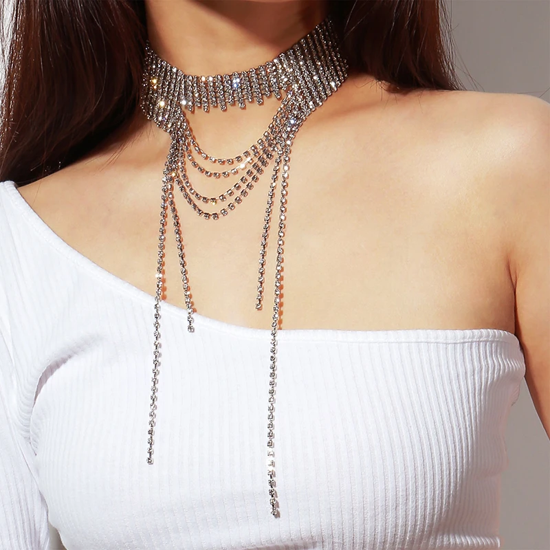 

Multilayer Luxury Sexy Shiny Long Chain Rhinestone Choker Necklace for Women Night Club Party Crystal Necklace (KNK5081), Same as the picture