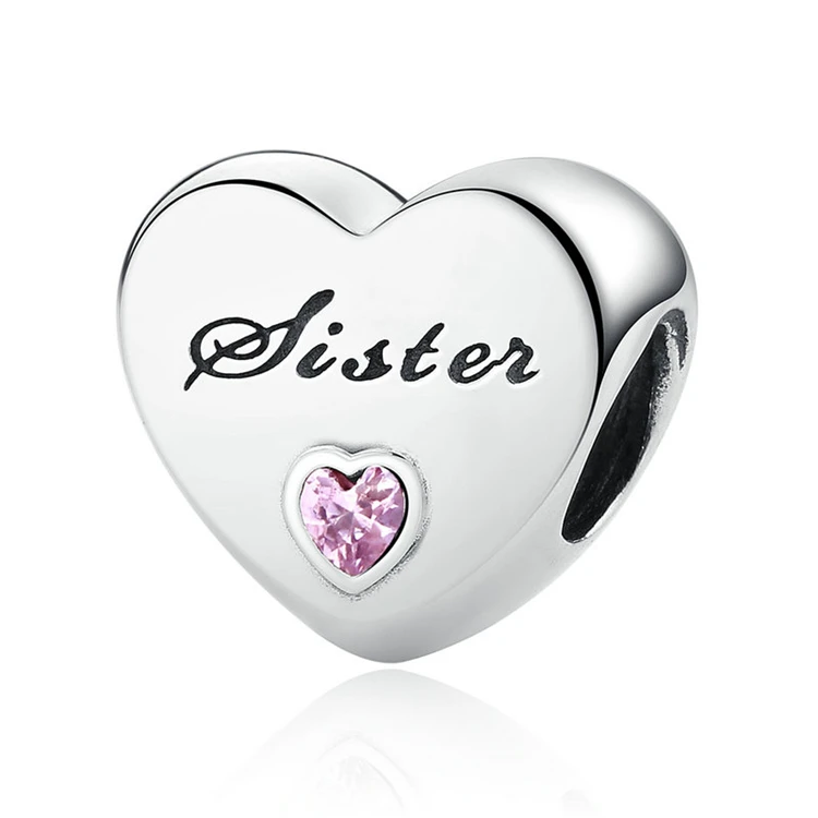 

100% 925 Sterling Silver Sister's Love Pink CZ Charms fit Bracelet Jewelry Makings beads