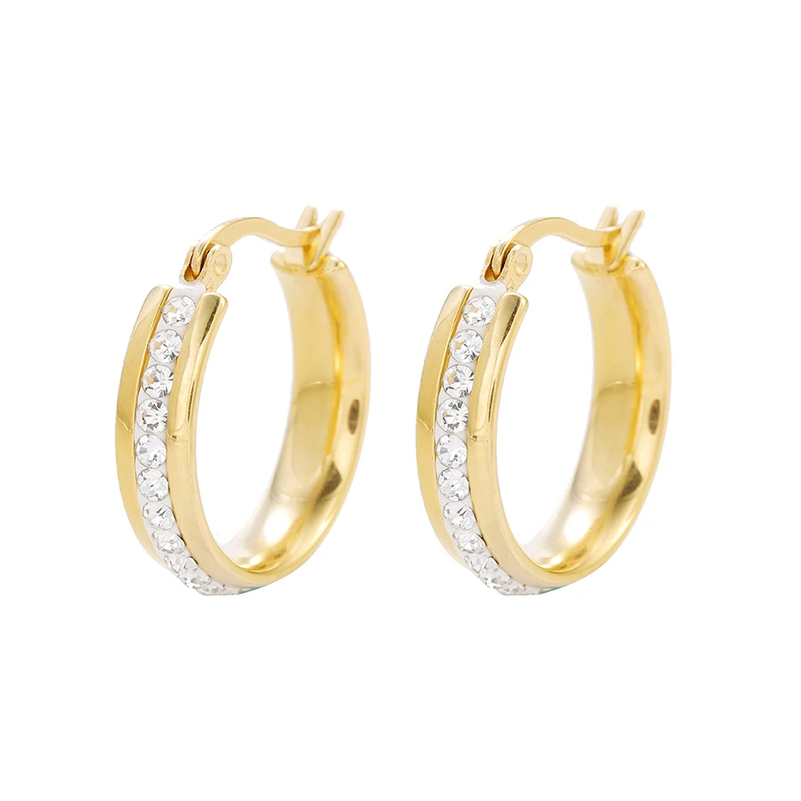 

E-595 fashion 24K gold color Rhinestone Stainless Steel simple Women's Hoop Earrings