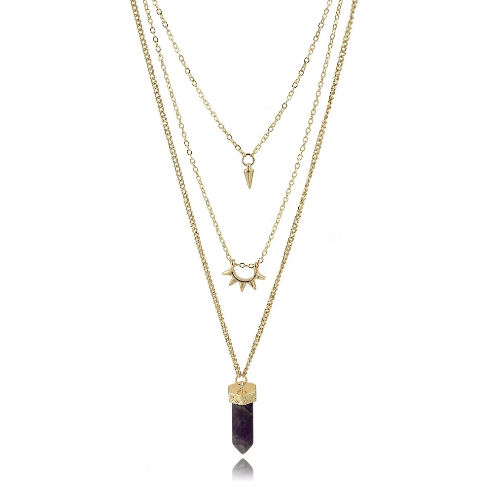 

3 layer gemstone necklace amethyst stone pendant charm necklace, Gold plated