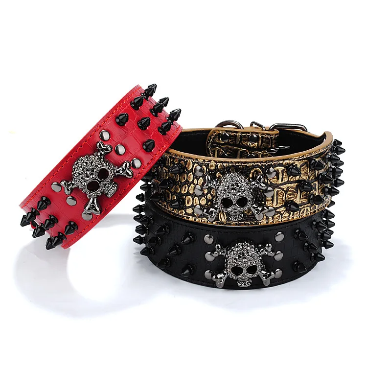 Hot imitation leather skullcandy collar pet rivets round dog chain