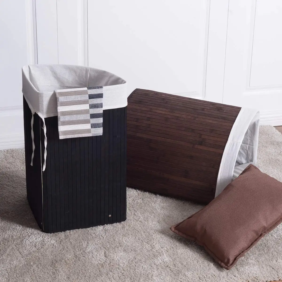 Practical corner shape coffee bamboo foldable laundry basket