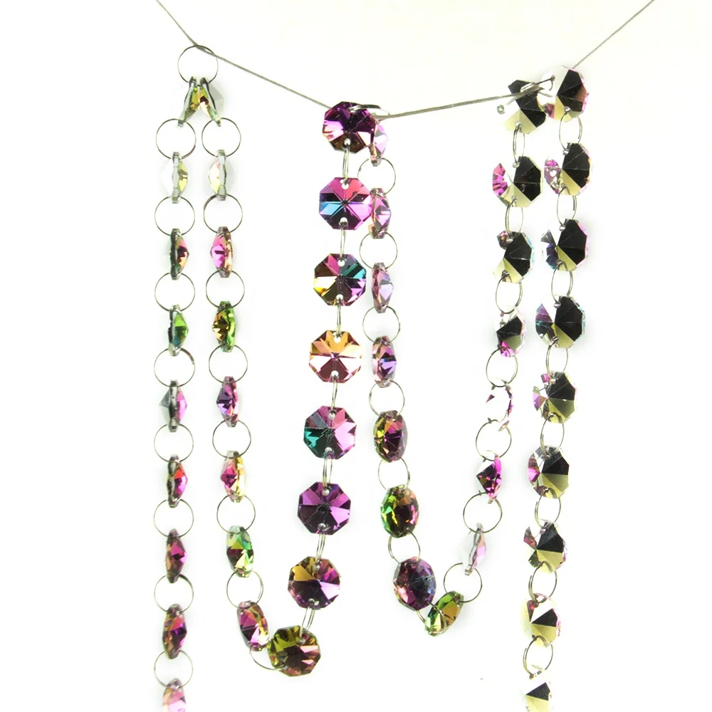 

Hot Sale 14mm Colorful Lighting Chandelier Crystal Glass Octagon Bead Chain Strands Garland For Wedding Decoration, Fuchsia rainbow
