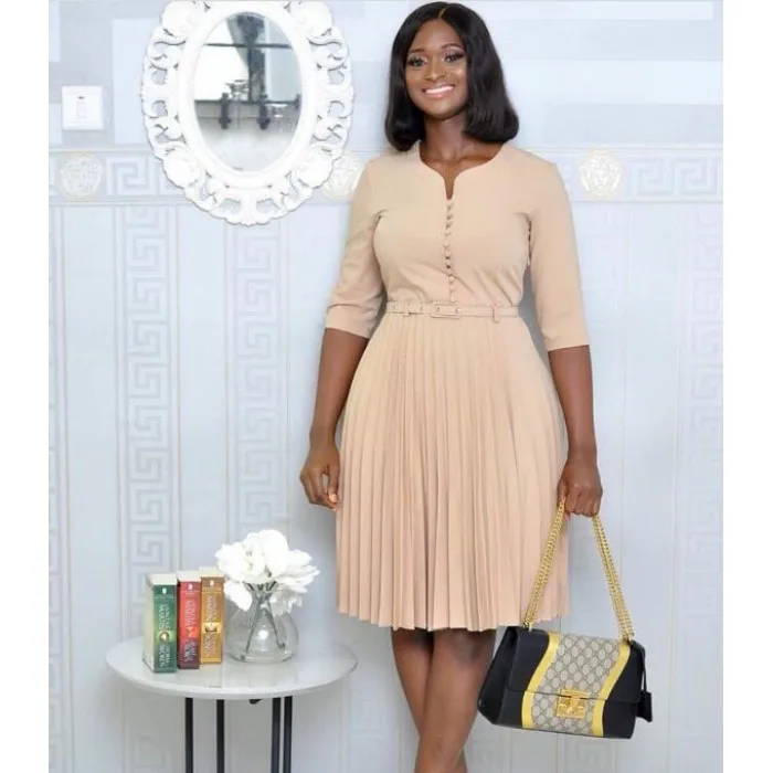 

African office women midi dresses half sleeve O neck pleated retro vintage large plus size dress with belt A498