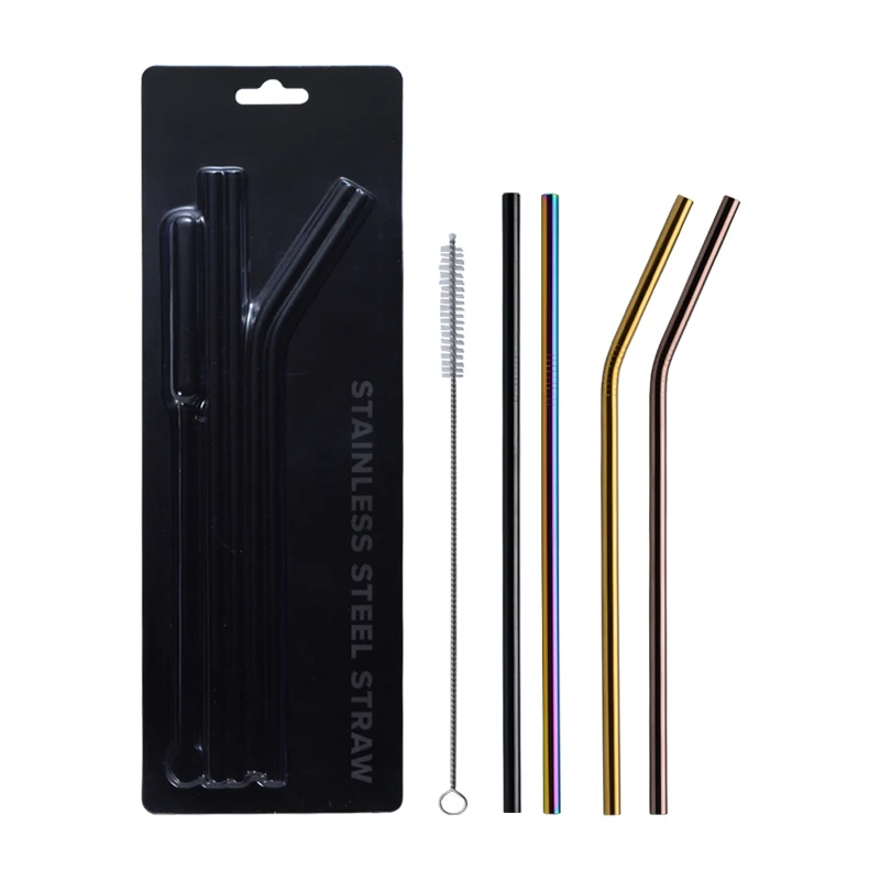 

FDA Stainless Steel Reusable Metal Drinking Straw Set With Brush With Blister Card Packing, Silver;black;rainbow;blue;purple;gold;rose gold