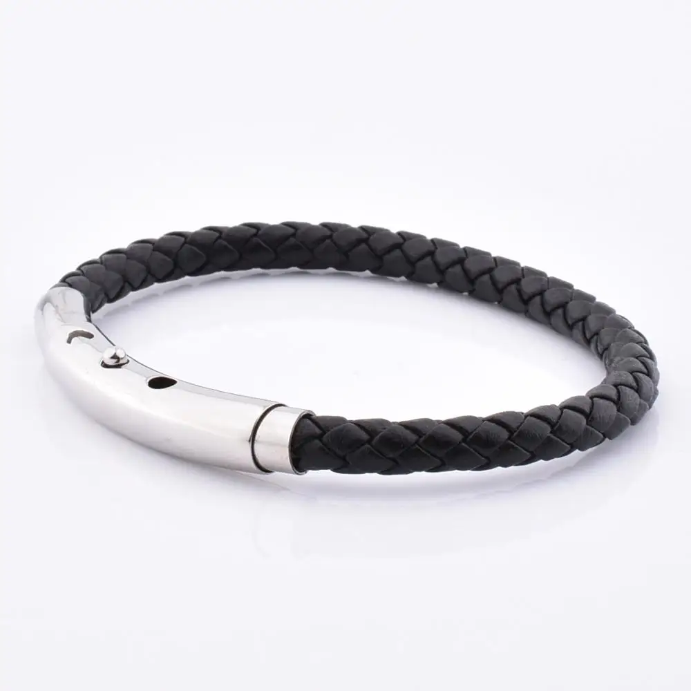 

Classic Design Handmade Adjustable Black Leather Bracelet With Stainless Steel Clasp