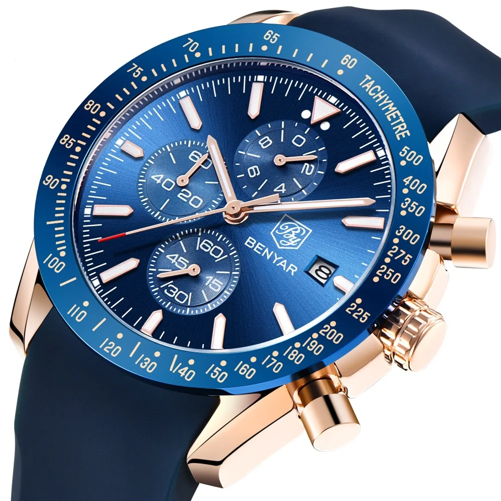 

BENYAR Watch 5140 Fashion Watches Men Wrist Digital Luxury Brand Quartz Blue Gold Watch Silicone Strap Military Sport Wristwatch, 2-color