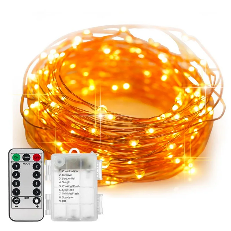 Led String Light 10m 100led Warm White Lights Battery Powered Remote Control Dimmable Copper Wire String Light for Garden Indoor