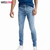 Wellone 60%cotton 35%polyester 5%elastane stretch acid washed bleach custom cut and sew light blue men slim fit skinny jeans men