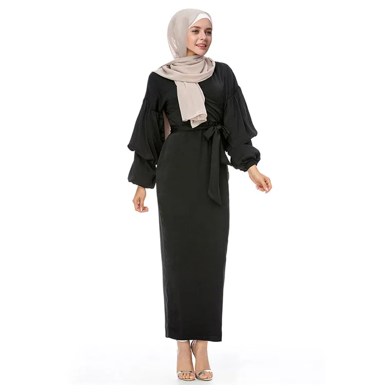 

New Fashion Modest Elegant Islamic Clothing Maxi Dress Muslim Puff Sleave Turkish Abaya, Black;beige;wine red;gray