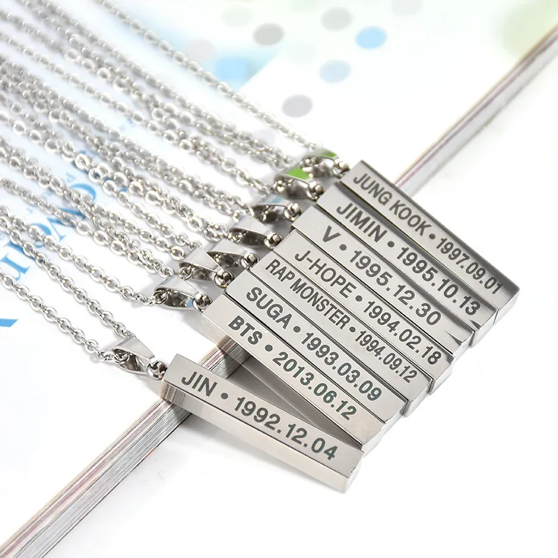 

BTS name personality customization Titanium stainless steel bar engraved name jewelry necklace, Silver