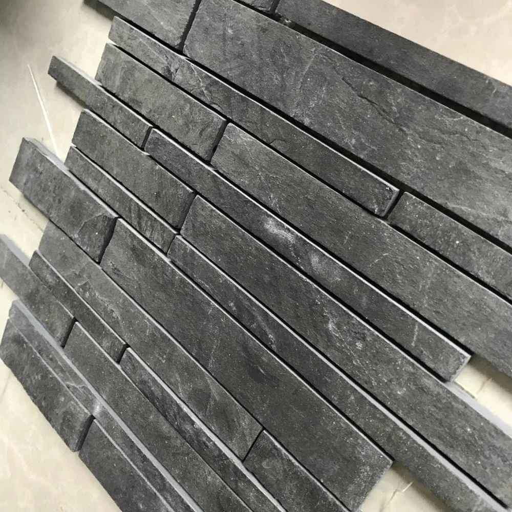 Chinese natural split strip interlock black slate mesh mosaic wall tile and floor paver tiles