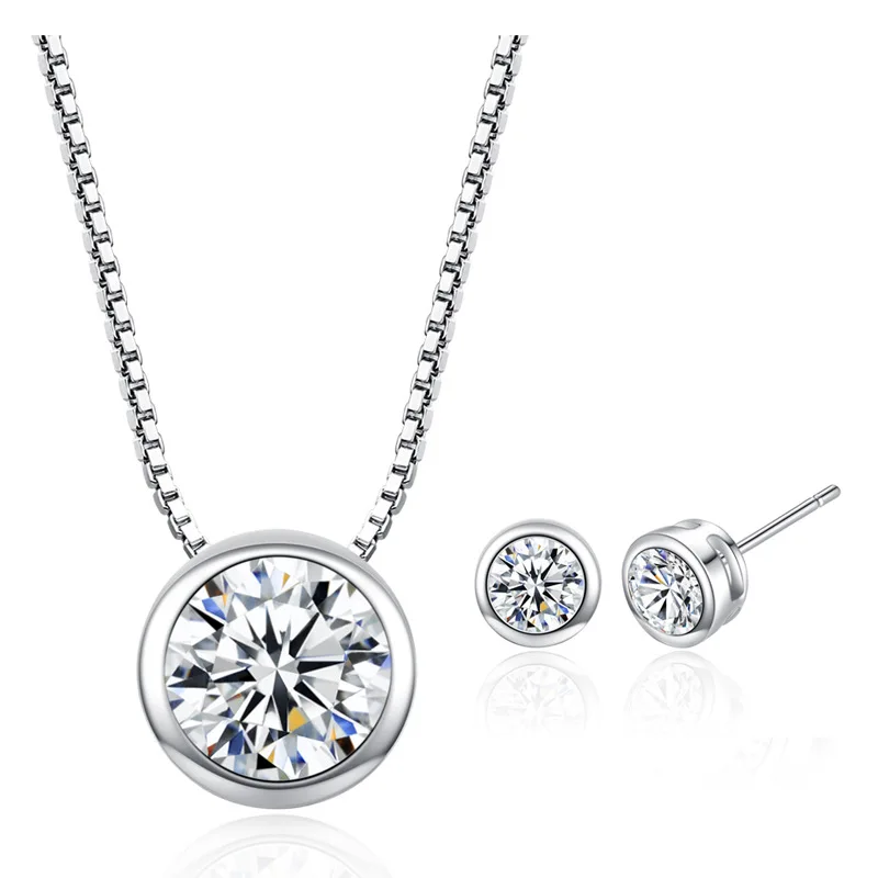 

Customize Color Round Crystal Cubic Zirconia Cut Solitaire Sparkly Bezel Pendant Necklace Stub Earrings Jewelry Set, As picture