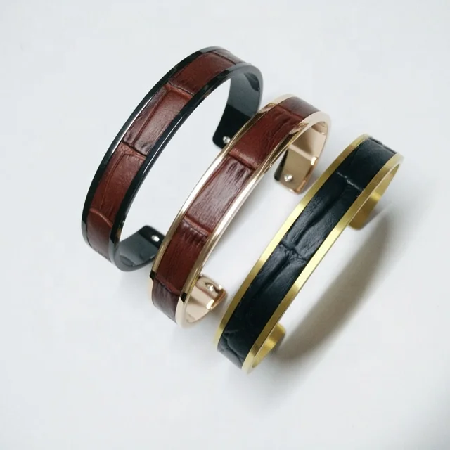 

Fashion Calf with Nice Crocodile Embossing Leather Stainless steel Gold Thin Open Cuff Bracelet For men women
