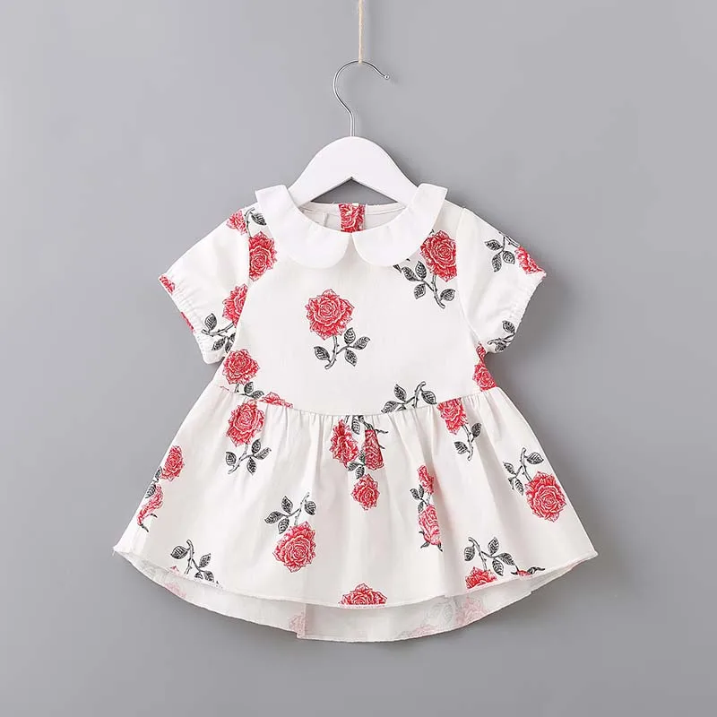
wholesale 100% cotton floral bow neck short ruffle sleeve summer dress girl 