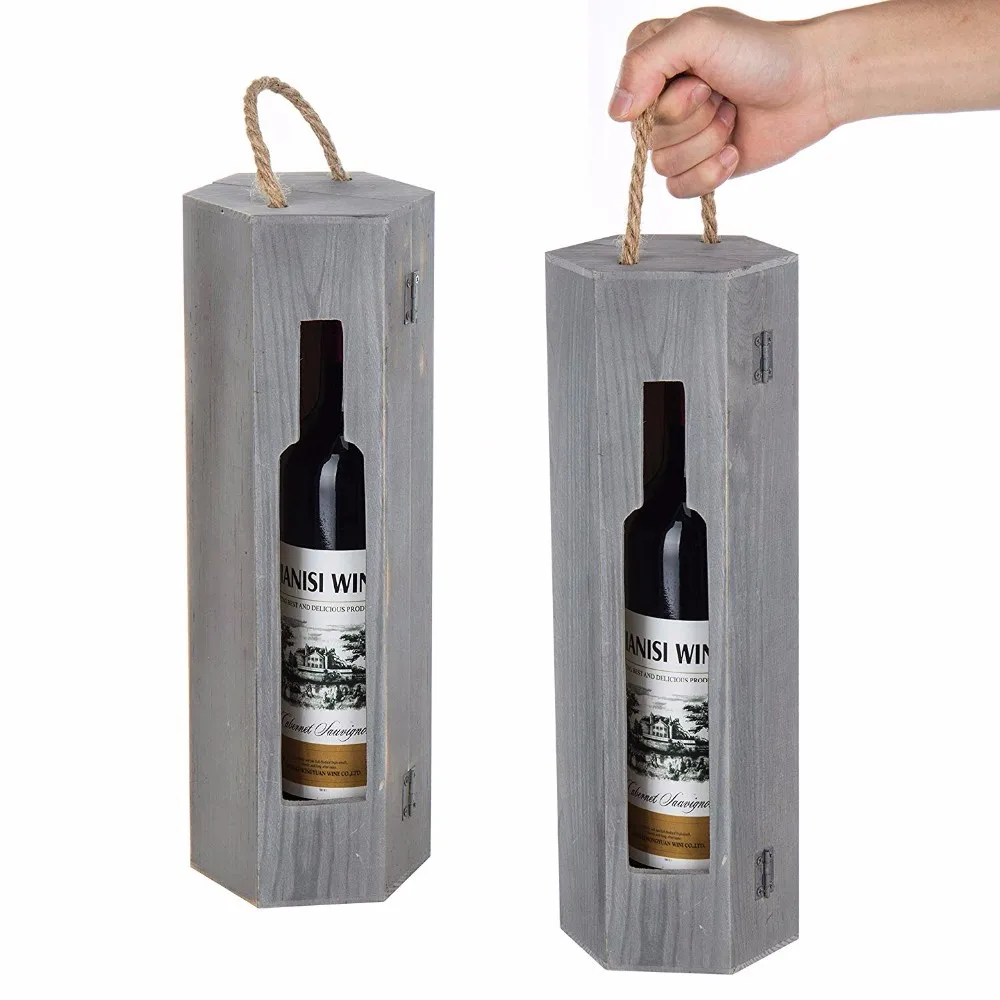 MyGift Single Bottle Hexagon Gray Wood Wine Gift Box with Rope Handle Set of 2 