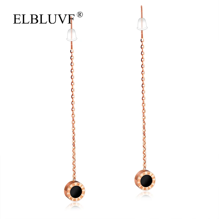 

ELBLUVF Stainless Steel Jewelry Rose Gold Plating Roman Numeral Circular Tassels Earrings For Girls Wholesale
