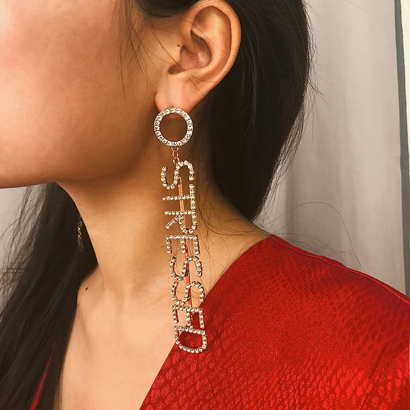 

2019 New Romantic Full Rhinestone Letter Dangle Earrings For Women Wedding Jewelry Crystal Long Drop Earrings (KER182), Same as the picture