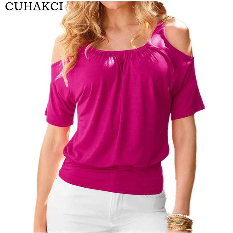 

CUHAKCI New Summer Hollow Out T shirts Women O-Neck Off Shoulder Tees Fashion Tops Slim Solid Casual Tshirt