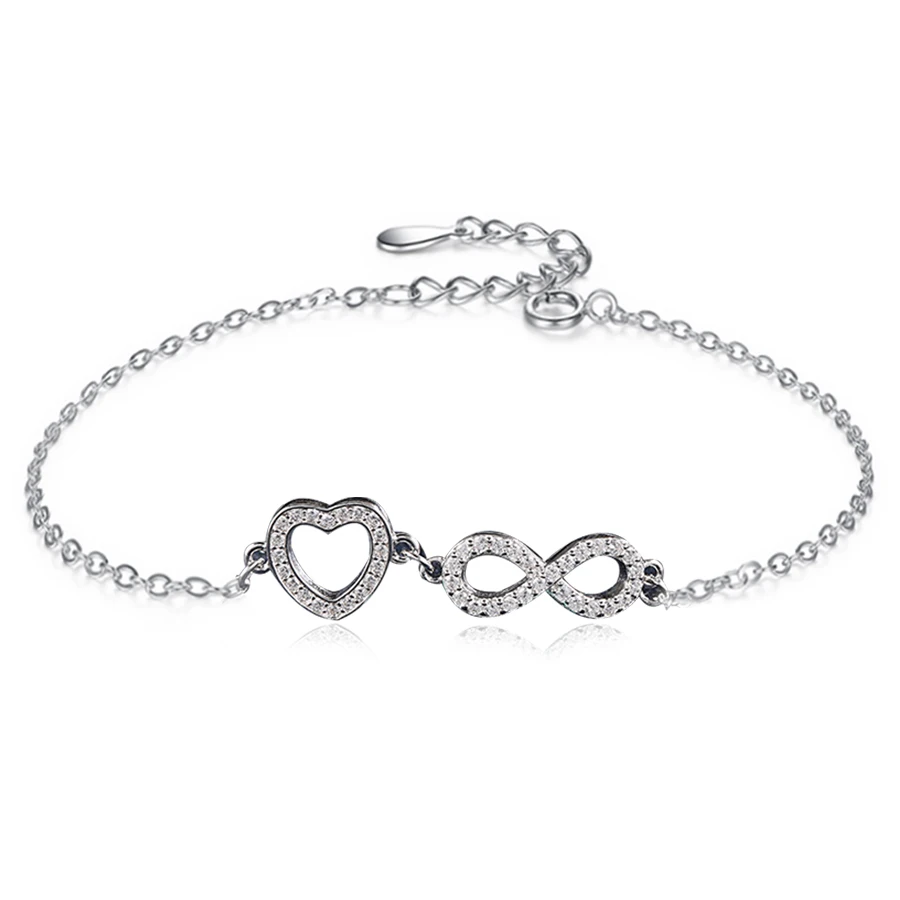 

925 Sterling Silver Bracelets for Women Clear CZ Love Heart Infinity Charms Bracelet Woman Jewelry Gift