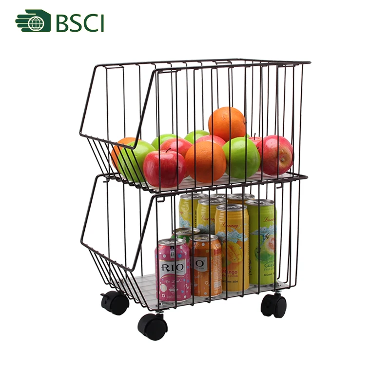 Kitchen 2 Tiers Wire Storage Basket With Wheels/stacking Basket Buy