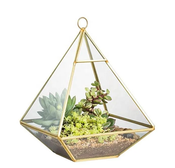 

2019 gold hanging glass pyramid succulent plant pots geometric glass brass vase box wedding candle holders terrarium flower pot, Clear