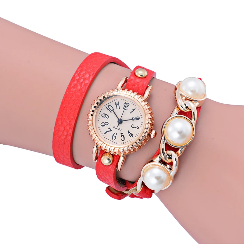 

Dress Ladies Small Dial Gold Case Wristwatch Women Fancy Leather Quartz Watch Beautiful Pearl Bracelet Watch, Black;white;red;orange;green;coffee;blue;rose red