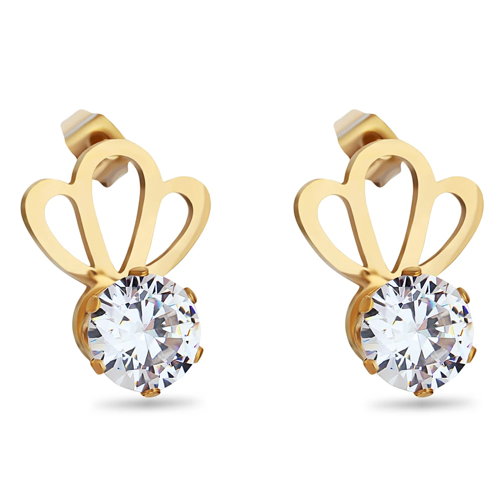 

Factory Direct Price Female Personality Gold Stainless Steel Crown CZ Crystal Zircon Earring