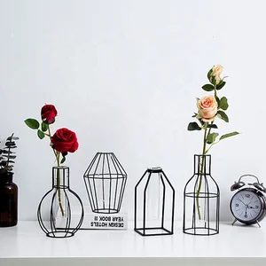 Image of Home Decoration Trumpet Cylinder Glass Hydroponic Metal Flower Vase