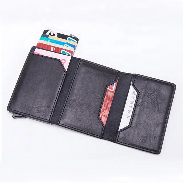 

New zipper leather coin pocket wallet magnet card holder with automatic Pop Up RFID Blocking