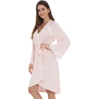 

2020 Spring Luxury Bamboo Viscose Loungewear Robe Women's Lace Knitted Pajamas Lounge Robe