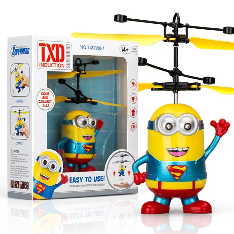 

Flying Helicopter Kid Toy Motion Sensor Cute Yellow Mini Cartoon Figures UFO With LED Down Light Drone Toys Spider Man Superman