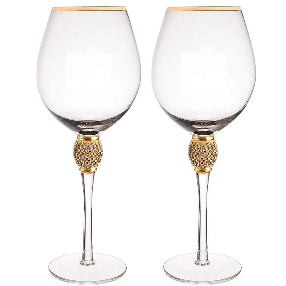 

Gold Rimmed Long Ball Stem Diamond Studded Wedding Crystal Goblet Burgundy Red Wine Glass Set